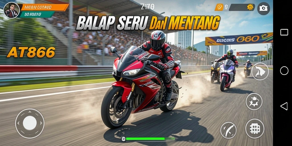 Tampilan gameplay menegangkan dari AT866 yang penuh aksi balap motor.