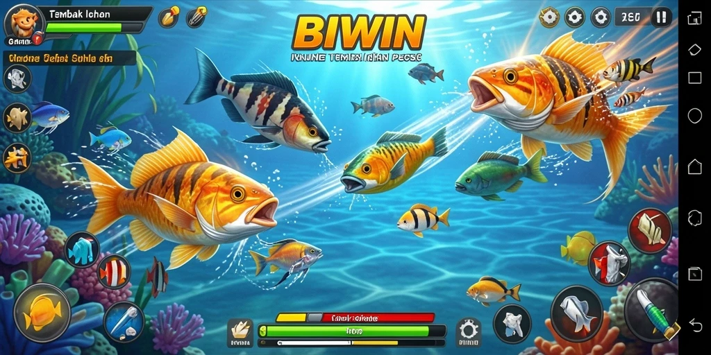 Tangkapan layar BIWIN menampilkan pemain yang sedang berburu ikan di dunia bawah laut yang menarik.