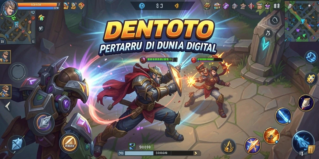 Screenshot DENTOTO menunjukkan pertarungan mendebarkan dengan karakter beraksi.