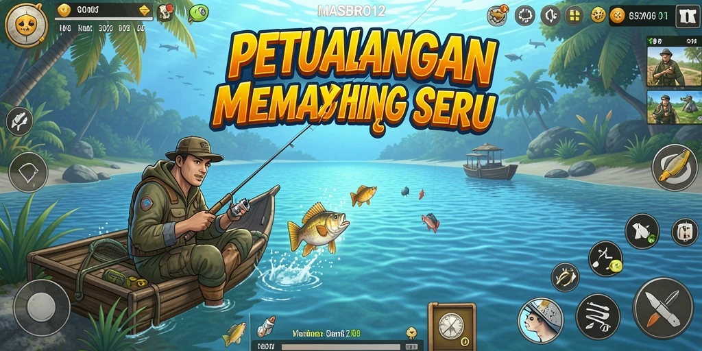 Screenshot dari gameplay memancing yang menampilkan suasana alam yang indah.