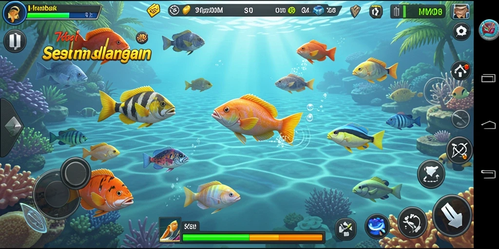 Tampilan gameplay MPO08 dengan ikan berwarna-warni yang menarik.