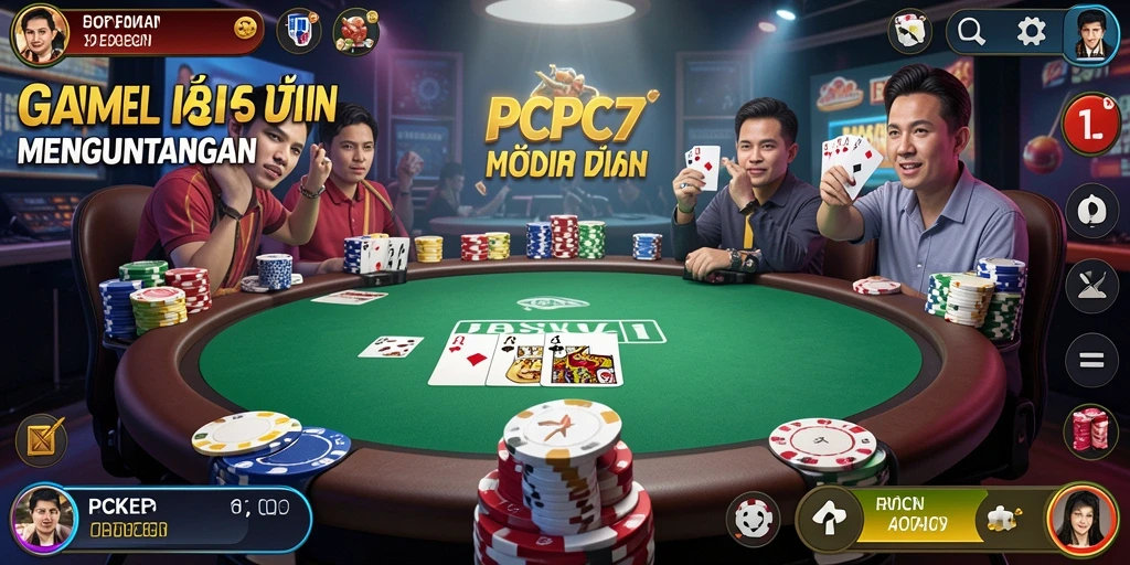 Tampilan screenshot menunjukkan aksi seru permainan poker di PCPC7.